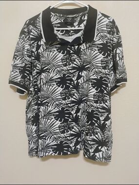 Level Ten Tropical Print Polo Shirt XL Black White Cotton